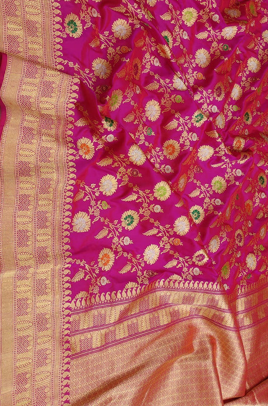 Pink Handloom Banarasi Pure Katan Silk Jaal Work Meenakari Saree - Luxurion World