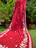 Red Hand Embroidered Parsi Gara Pure Georgette Saree - Luxurion World