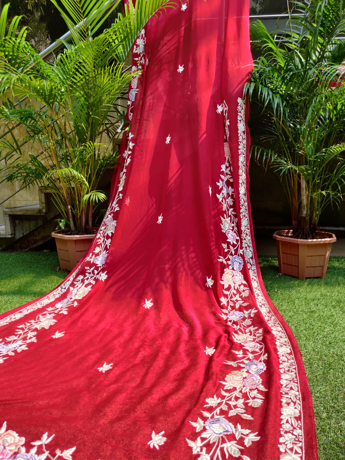 Red Hand Embroidered Parsi Gara Pure Georgette Saree - Luxurion World