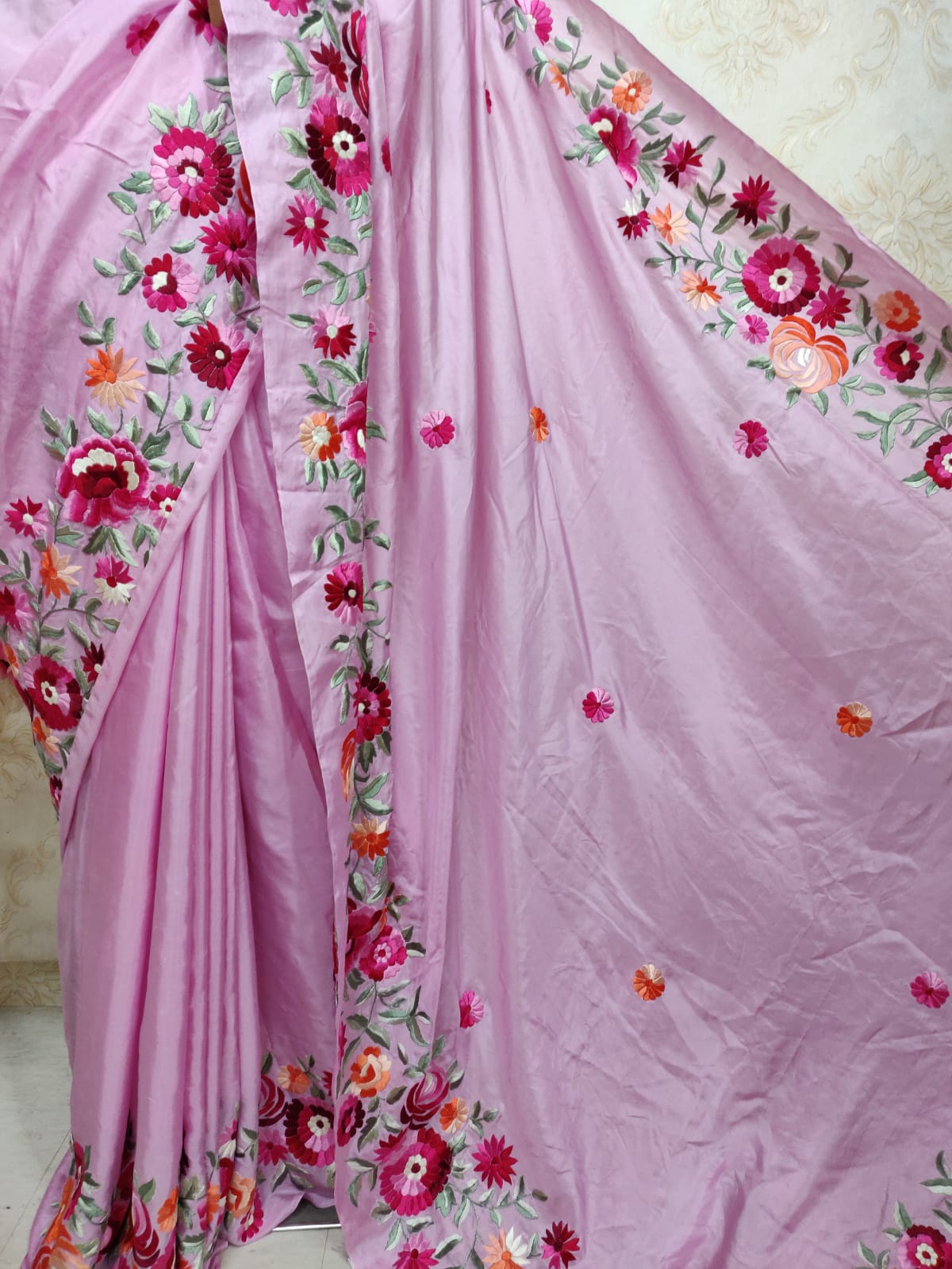 Pink Hand Embroidered Parsi Gara Pure Satin Silk Saree - Luxurion World