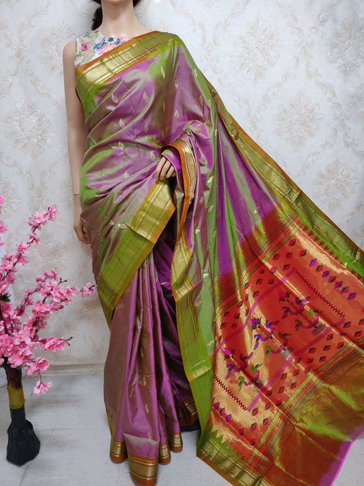 Green And Purple Shot Handloom Paithani Pure Silk Peacock Design Pallu Saree - Luxurion World