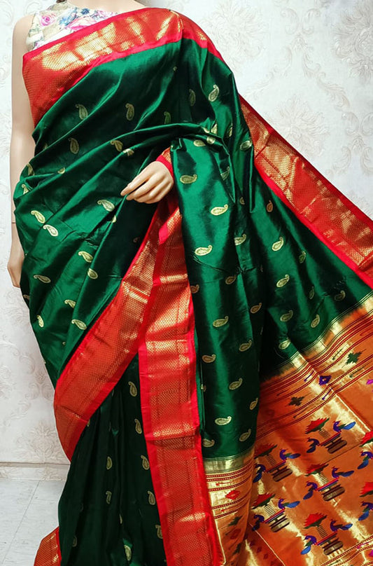 Green Handloom Paithani Pure Silk Real Kadhiyal Peacock Design Pallu Saree - Luxurion World