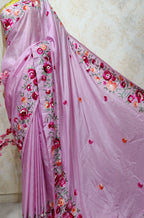 Pink Hand Embroidered Parsi Gara Pure Satin Silk Saree - Luxurion World
