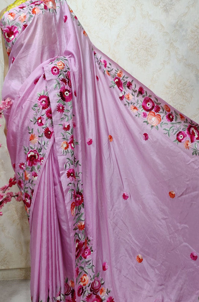 Pink Hand Embroidered Parsi Gara Pure Satin Silk Saree - Luxurion World