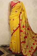 Yellow Hand Embroidered Phulkari Chanderi Silk Saree - Luxurion World