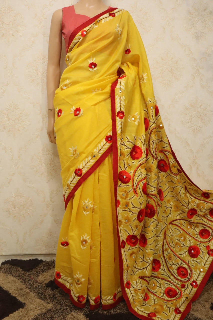 Yellow Hand Embroidered Phulkari Chanderi Silk Saree - Luxurion World