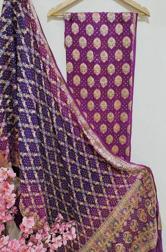 Purple Banarasi Bandhani Pure Georgette Meenakari Three Piece Unstitched Suit Set - Luxurion World
