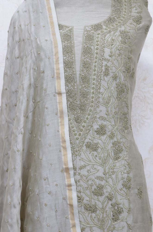 Pastel Embroidered Chikankari Chanderi Silk Two Piece Unstitched Suit Set - Luxurion World