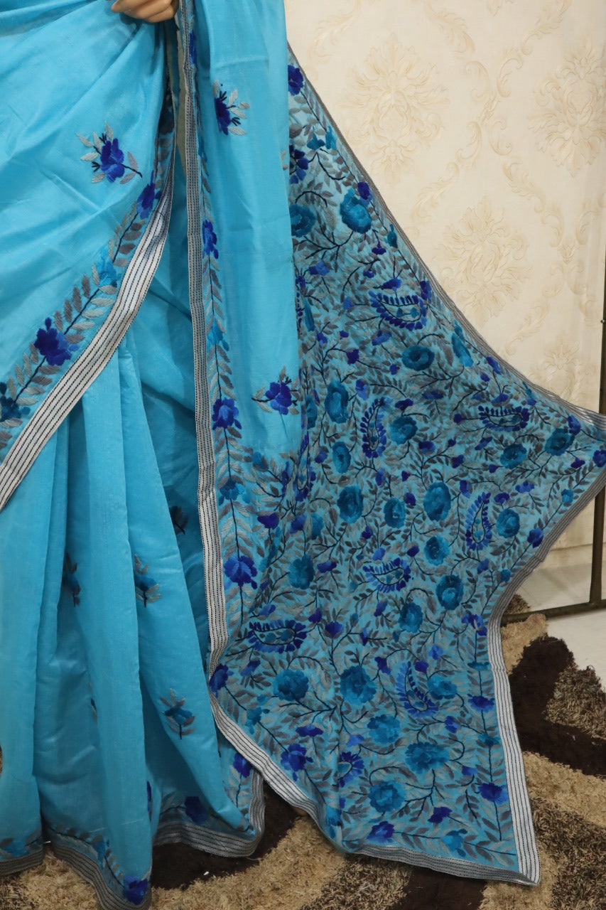 Blue Hand Embroidered Phulkari Chanderi Silk Saree - Luxurion World