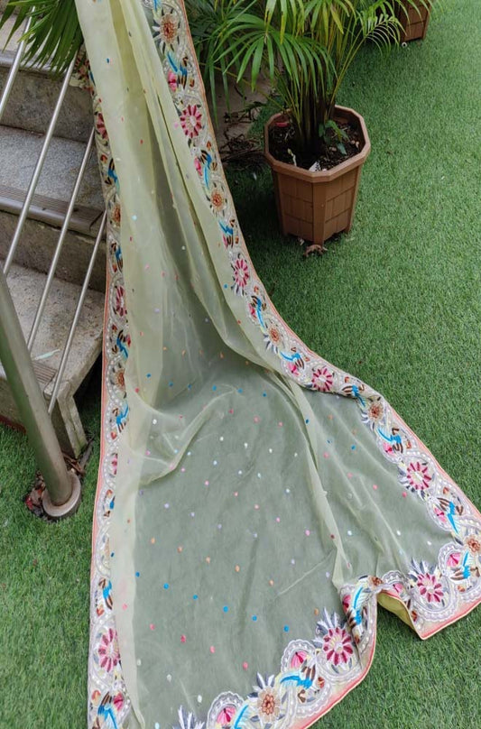 Yellow Hand Embroidered Parsi Gara Pure Organza Dupatta - Luxurion World