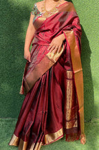 Maroon Handloom Kanjeevaram Pure Silk Saree - Luxurion World
