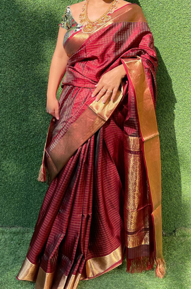 Maroon Handloom Kanjeevaram Pure Silk Saree - Luxurion World