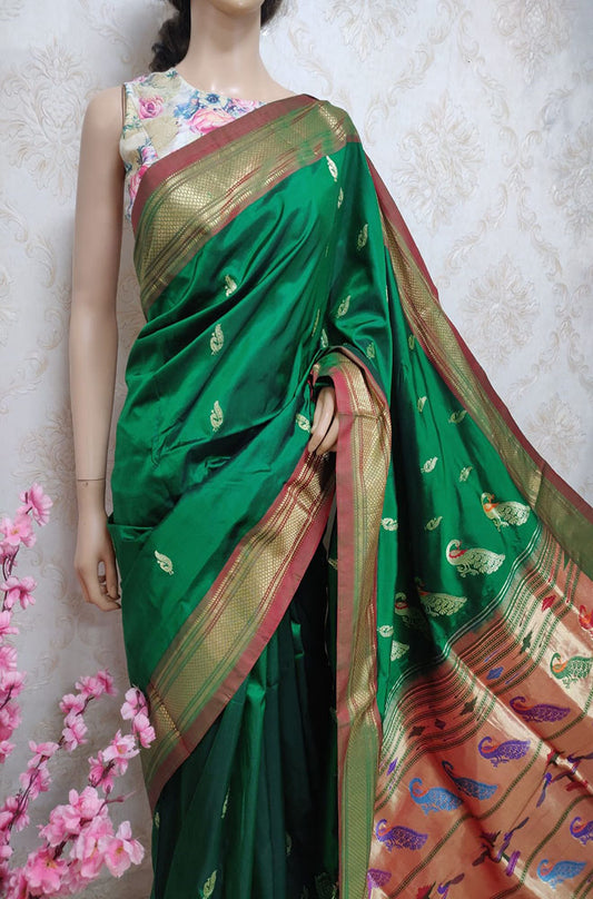 Green Handloom Paithani Pure Silk Peacock Design Pallu Saree - Luxurion World