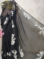 Black Hand Embroidered Parsi Gara Pure Georgette Saree - Luxurion World