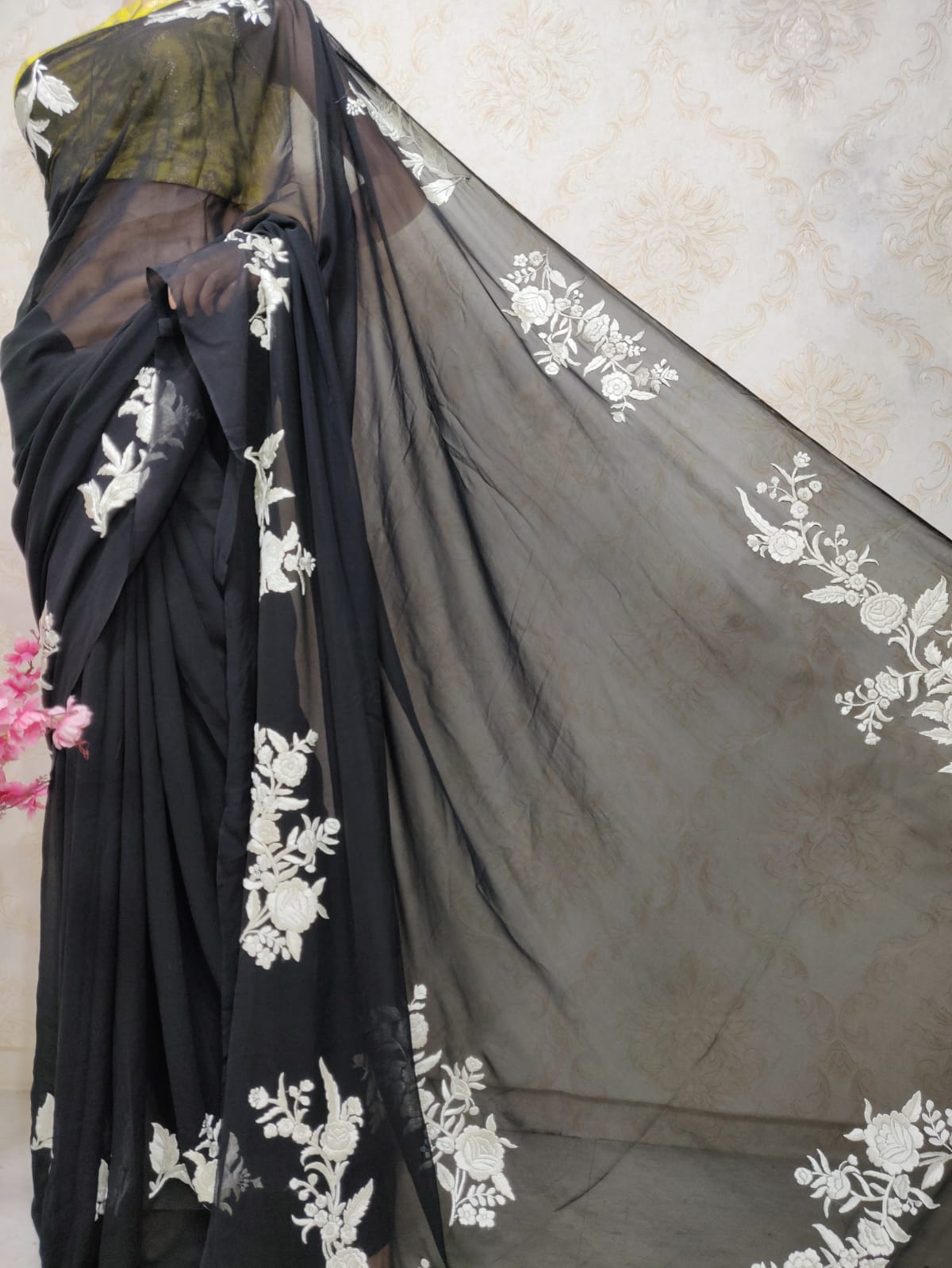 Black Hand Embroidered Parsi Gara Pure Georgette Saree - Luxurion World