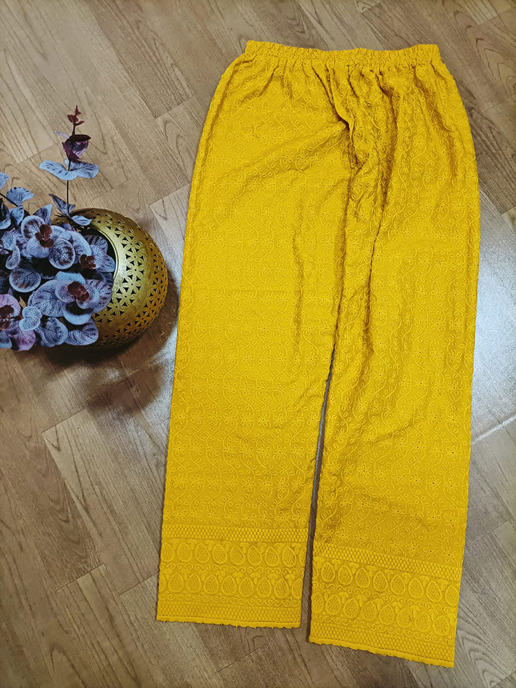 Yellow Embroiderded Chikankari Cotton Stitched Pant - Luxurion World