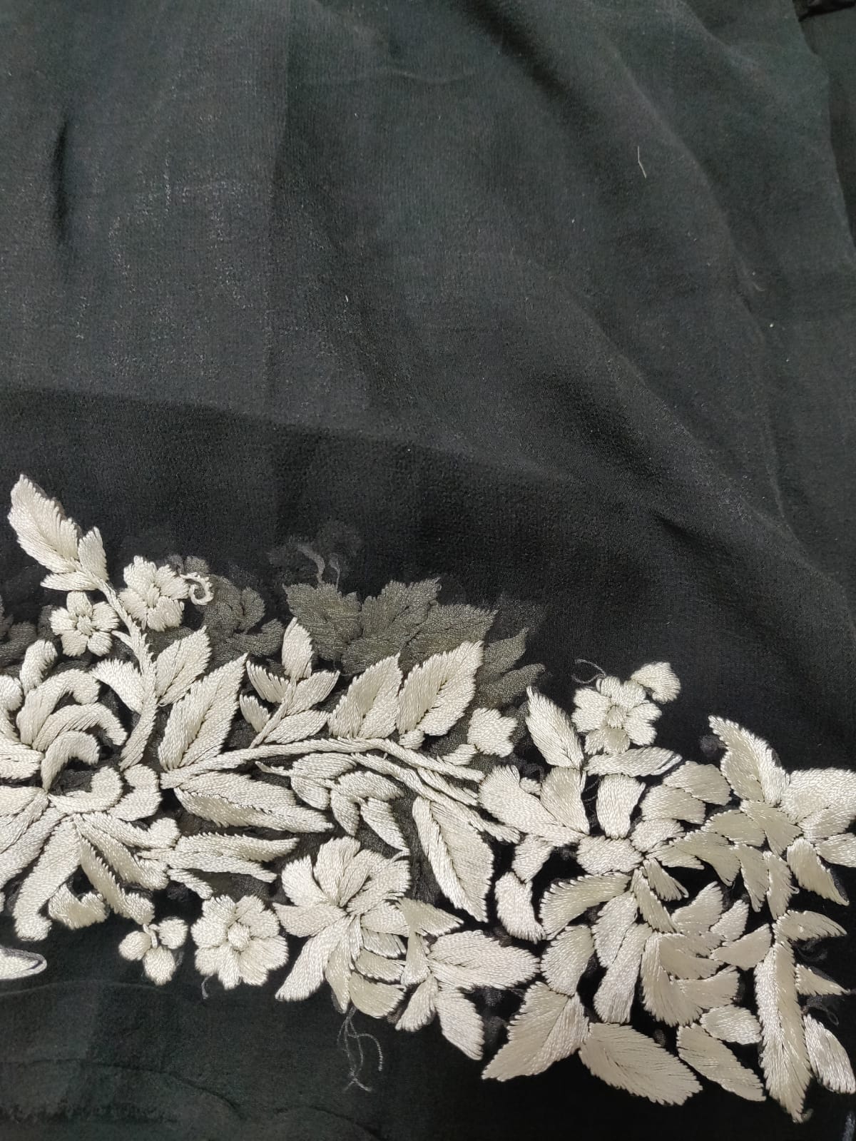 Black Hand Embroidered Parsi Gara Pure Georgette Saree - Luxurion World