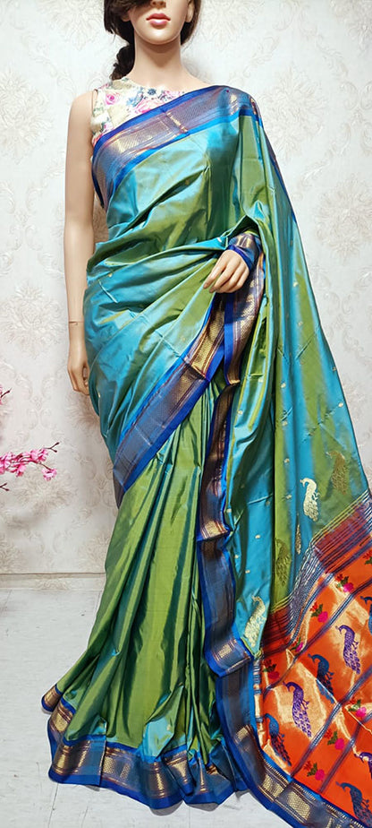 Blue And Yellow Shot Handloom Paithani Pure Silk Peacock Design Pallu Nine Yards Saree - Luxurion World