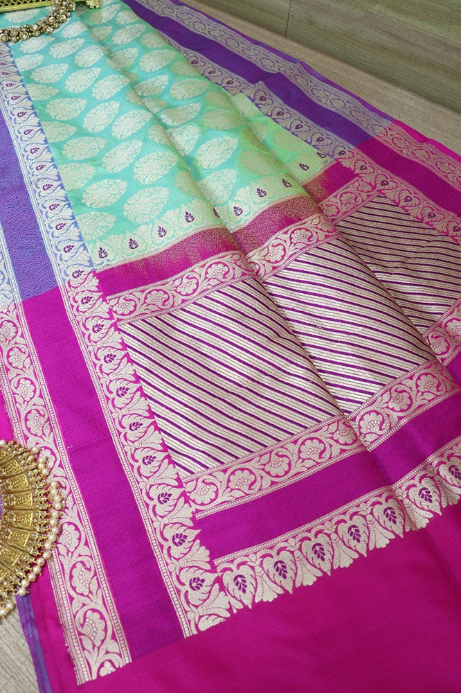 Green Handloom Banarasi Pure Katan Silk Kadiyal Border Saree - Luxurion World