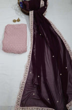 Purple Trendy Georgette Heavy Lace Saree With Trendy Blouse - Luxurion World