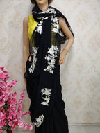 Black Hand Embroidered Parsi Gara Pure Georgette Saree - Luxurion World