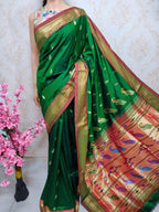 Green Handloom Paithani Pure Silk Peacock Design Pallu Saree - Luxurion World