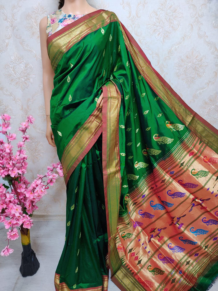Green Handloom Paithani Pure Silk Peacock Design Pallu Saree - Luxurion World