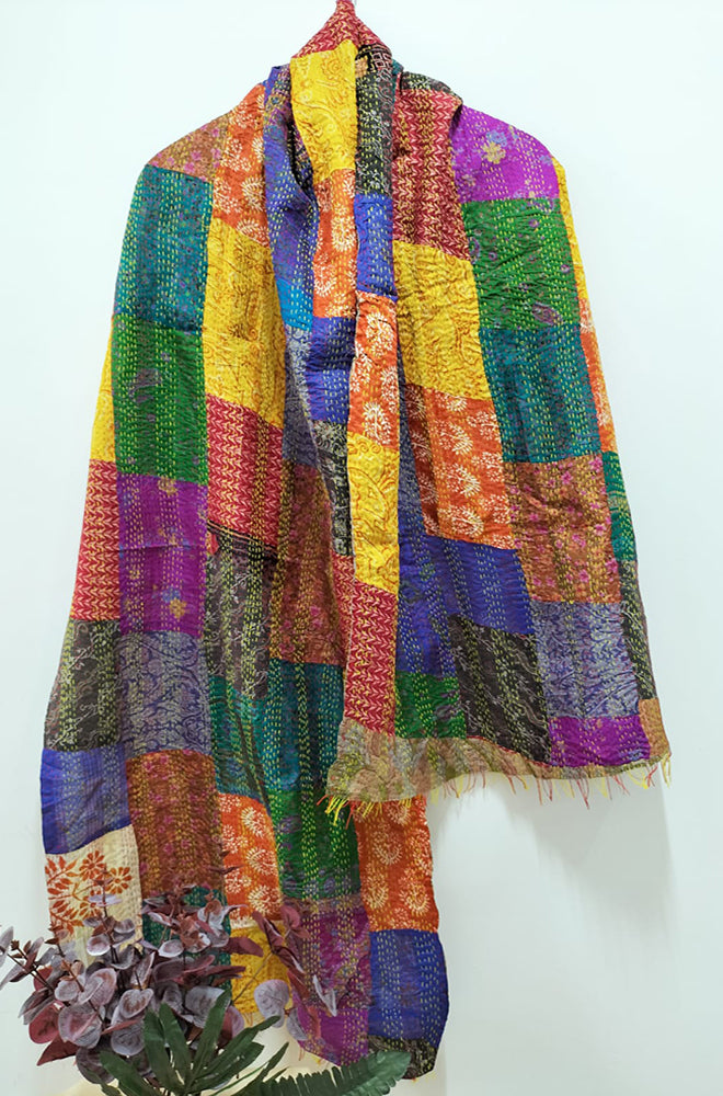 Multicolor Hand Embroidered Kantha Silk Stole - Luxurion World