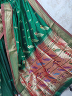 Green Handloom Paithani Pure Silk Peacock Design Pallu Saree - Luxurion World