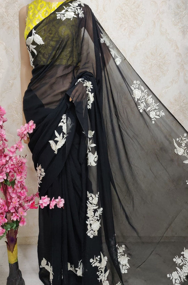 Black Hand Embroidered Parsi Gara Pure Georgette Saree - Luxurion World