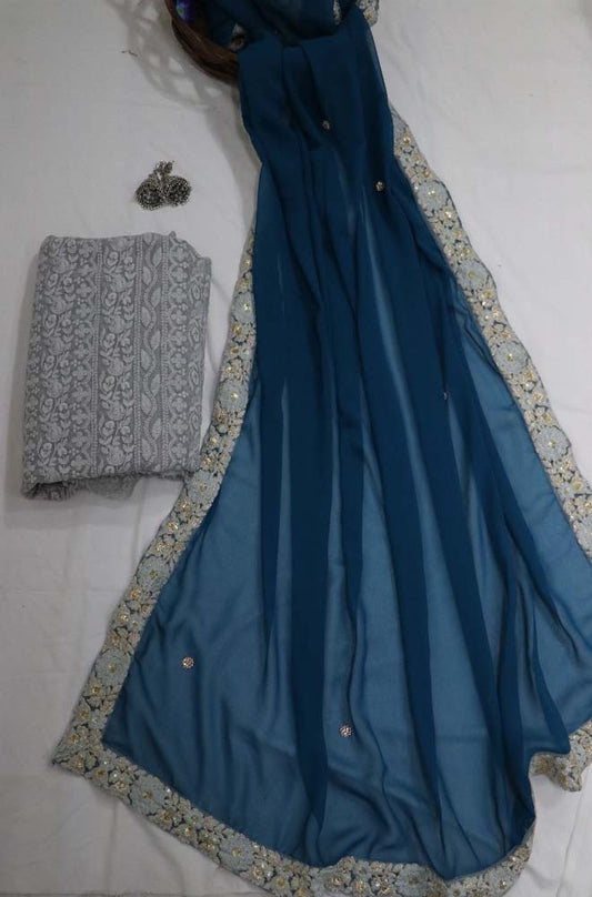 Blue Trendy Georgette Heavy Lace Saree With Trendy Blouse - Luxurion World