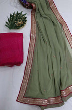 Grey Trendy Georgette Heavy Lace Saree With Trendy Blouse - Luxurion World