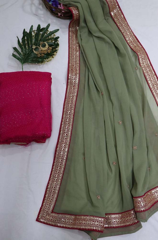 Grey Trendy Georgette Heavy Lace Saree With Trendy Blouse - Luxurion World