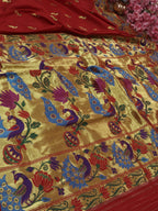 Red Handloom Banarasi Pure Katan Silk Paithani Border Design Saree - Luxurion World