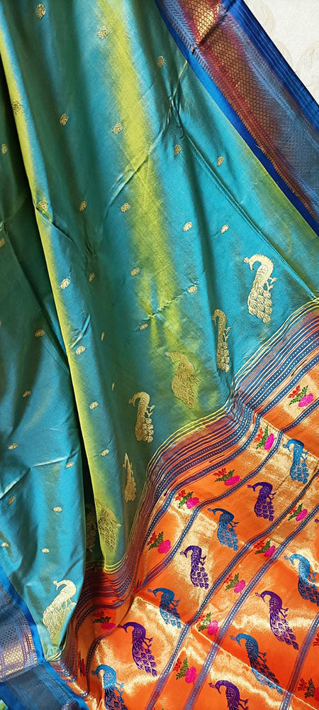 Blue And Yellow Shot Handloom Paithani Pure Silk Peacock Design Pallu Nine Yards Saree - Luxurion World