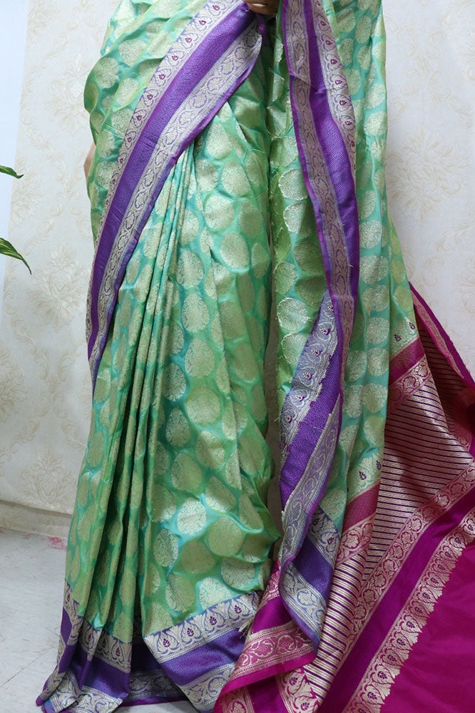 Green Handloom Banarasi Pure Katan Silk Kadiyal Border Saree - Luxurion World