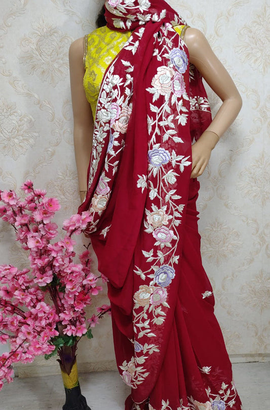 Red Hand Embroidered Parsi Gara Pure Georgette Saree - Luxurion World
