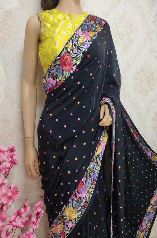 Black Hand Embroidered Parsi Gara Pure Crepe Saree - Luxurion World