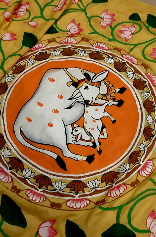 Yellow Pichhwai Hand Painted Mulberry Silk Saree - Luxurion World