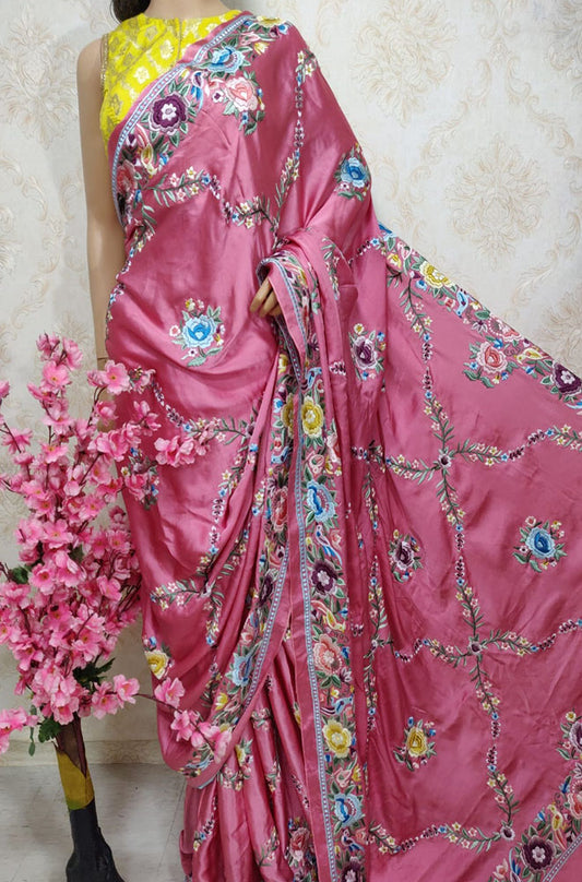 Pink Hand Embroidered Parsi Gara Pure Satin Silk Saree - Luxurion World