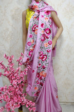 Pink Hand Embroidered Parsi Gara Pure Satin Silk Saree - Luxurion World