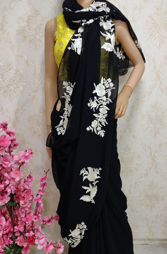 Black Hand Embroidered Parsi Gara Pure Georgette Saree - Luxurion World