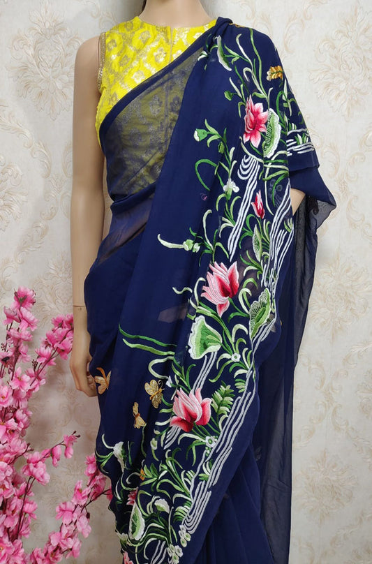 Blue Hand Embroidered Parsi Gara Pure Georgette  Saree - Luxurion World