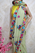 Green Hand Embroidered Parsi Gara Pure Georgette Saree - Luxurion World