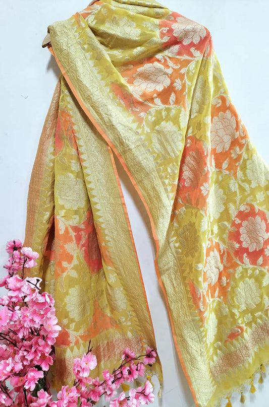 Yellow Handloom Banarasi Pure Georgette Brush Dyed Dupatta - Luxurion World