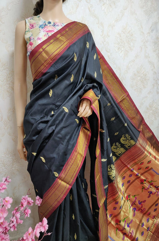Black Handloom Paithani Pure Silk Peacock Design Pallu Saree - Luxurion World