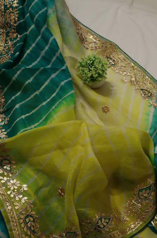 Green Leheriya With Gota Patti Work Pure Organza Saree - Luxurion World