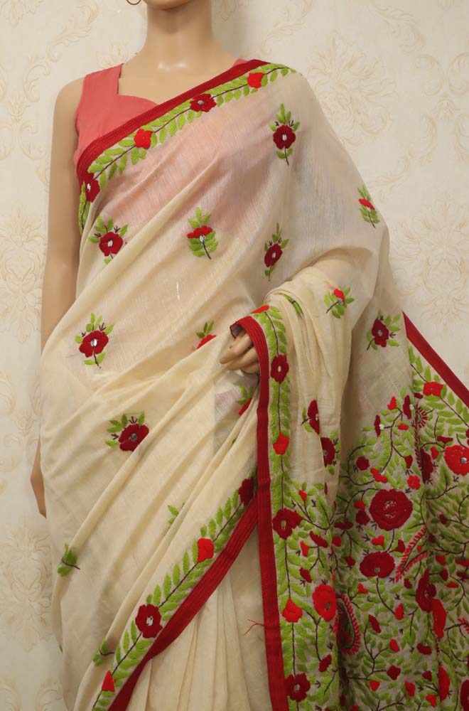 Off White Hand Embroidered Phulkari Chanderi Silk Saree - Luxurion World