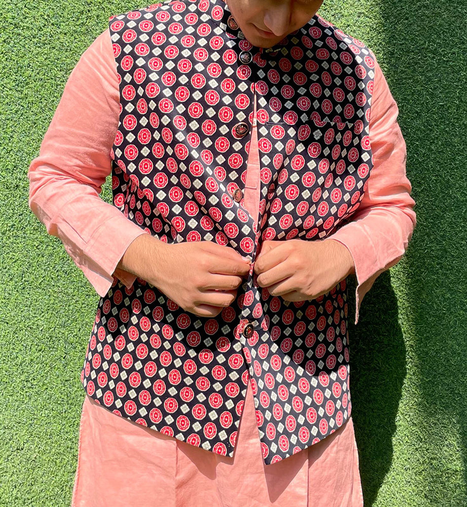 Black Digital Printed Velvet Nehru Jacket - Luxurion World