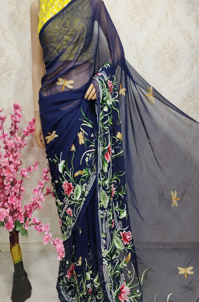 Blue Hand Embroidered Parsi Gara Pure Georgette  Saree - Luxurion World